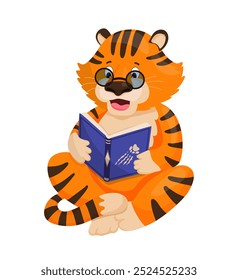 Personaje lindo del tigre que lleva gafas de lectura, sentado con las piernas cruzadas y sosteniendo un libro abierto. Una ilustración perfecta para la educación, la lectura y los conceptos relacionados con el aprendizaje.