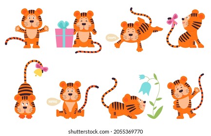 Cute tiger characters. New year tigers baby, chinese symbol. Isolated jungle cat. Cartoon wild animals, childish stickers decent vector set