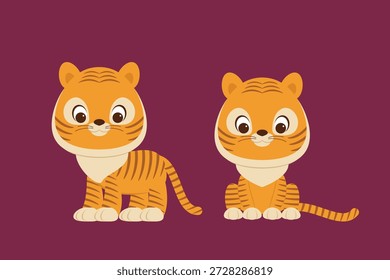 Niedliche Tigerfiguren, stehendes Tigerjunges, sitzendes Tigerjunges, Cartoon-Tiermaskottchen, Kinder-Dschungeltiere, Vektorgrafik-Set
