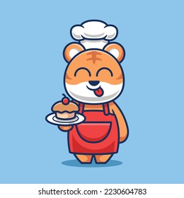 Cute Tiger chef with cake in hand cartoon vector illustration