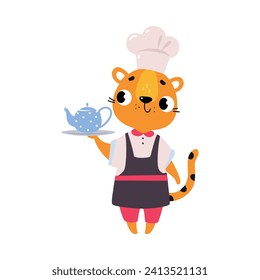 Cute Tiger Chef Character in Toque Hold Tray with Teapot Vector Illustration