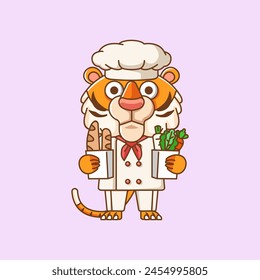 Cute tiger chef cook serve food animal chibi character mascot icon flat line art style illustration concept cartoon set
