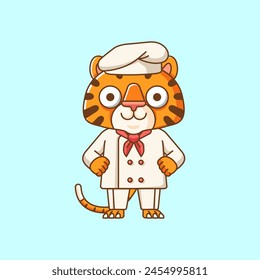 Cute tiger chef cook serve food animal chibi character mascot icon flat line art style illustration concept cartoon