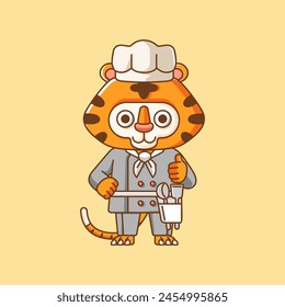 Cocinero tigre lindo cocinero servir comida animal chibi personaje mascota icono línea plana estilo de arte ilustración concepto de dibujos animados