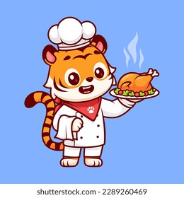 Cute Tiger Chef Cooking Roast Chicken Cartoon Vector Icon Illustration. Animal Food Icon Concept Isolated Premium Vector. Flat Cartoon Style