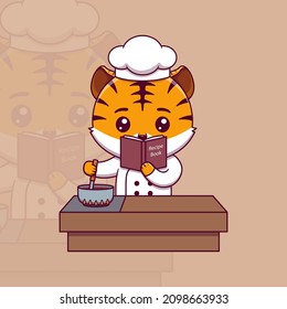 Cute tiger chef cooking while looking at the recipe book