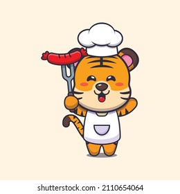 cute tiger chef mascot cartoon character with sausage