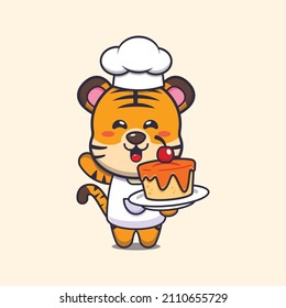 cute tiger chef mascot cartoon character with cake