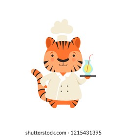 Cute tiger in chef uniform holding delicious drink, cartoon animal character cooking vector Illustration on a white background