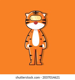 Cute Tiger chibi  With Eyeglass Cartoon Vector Icon Illustration. Animal Science Icon Concept Isolated Premium Vector. Flat Cartoon Style for T-shirt Screen Printing, Banner, Flyer, Sticker, Card