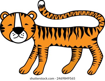 Cute tiger childish drawing isolated on white background flat vector. Cartoon tiger character.