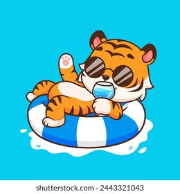 Cute Tiger Chill On Swimming Tires With Juice Cartoon Vector Icon Illustration. Animal Holiday Icon Concept Isolated Premium Vector. Flat Cartoon Style