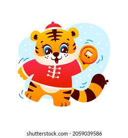 Cute tiger in chinese costume with coin character symbol Happy New Year funny illustration isolated on white background. Vector art