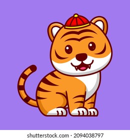 Cute Tiger With Chinese Hat Cartoon Vector Icon Illustration. Animal Character Mascot Flat Concept.