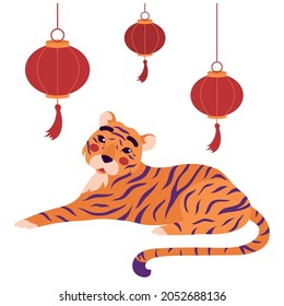 Cute tiger with Chinese lantern on white background. Concept of horoscope for 2022, year of tiger according to Chinese calendar.
