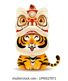 Cute tiger with Chinese New Year Lion Dance Head. Isolated.