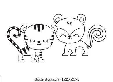 cute tiger with chipmunk animals isolated icon vector illustration design