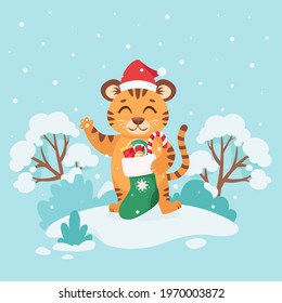 Cute tiger with Christmas sock and candies on winter background. Year of the tiger. Vector illustration