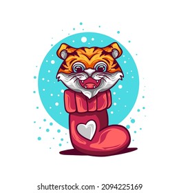 Cute Tiger In Christmas Sock Illustration for your business or merchandise