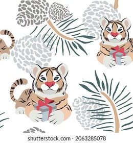 Cute tiger and christmas tree and cones on the white background. Vector seamless pattern. symbol 2022. Animal.  Nature print. christmas packaging. Digital illustration with animals