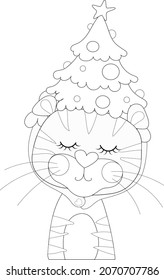 Cute tiger with a Christmas tree on his head. New Year's coloring book for children. Vector illustration