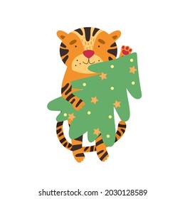 Tigre lindo con un árbol de Navidad. Ilustración vectorial en estilo de caricatura sobre fondo blanco.