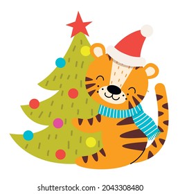 Cute tiger with Christmas tree. Vector illustration.