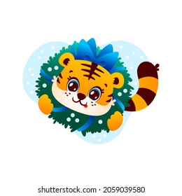 Cute tiger in a christmas wreath, character symbol Happy New Year funny illustration isolated on white background. Vector art