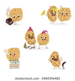Cute   tiger, chufa nuts, characters, cedar cone, funny nuts, characters set, collection. Flat vector illustration. Activities, playing musical instruments, sports, funny nuts.