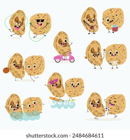 Cute   tiger, chufa nuts, characters, cedar cone, funny nuts, characters set, collection. Flat vector illustration. Activities, playing musical instruments, sports, funny nuts.