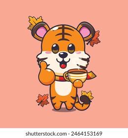 Cute tiger with coffee in autumn season. Mascot cartoon vector illustration suitable for poster, brochure, web, mascot, sticker, logo and icon.
