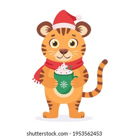 Cute tiger with coffee cup. Year of the tiger. Vector illustration