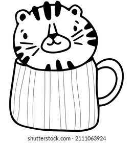 cute tiger in coffee mug, tea cup hand drawn doodle art illustration. vector EPS10