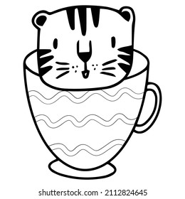 cute tiger in coffee mug, tea cup hand drawn doodle art illustration. vector EPS10