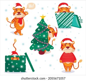 Cute tiger. Colored chinese tigers, symbol of 2022 new year, vector flat cartoon set. Animal 2022, Asian Predator, Jungle Beast. santa hat,  christmas tree, a garland, sleeps, rejoices, happy new year