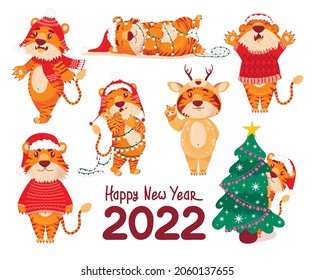 Cute tiger. Colored chinese tigers, symbol of 2022 new year, vector flat cartoon set. Animal 2022, Asian Predator, Jungle Beast. santa hat,  christmas tree, a garland, sleeps, rejoices, happy new year