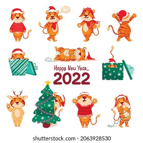 Cute tiger. Colored chinese tigers, symbol of 2022   new year, vector flat cartoon set. Animal 2022, Asian Predator, Jungle Beast. santa hat,  christmas tree, a garland, sleeps, rejoices