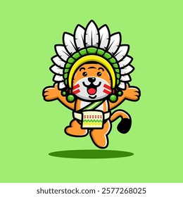 A cute tiger in a colorful headdress and sash, jumping joyfully on a green background.