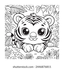 Lindo tigre para colorear página Ilustración vectorial en blanco y negro para colorear libro