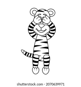 Cute tiger. Coloring page for kids. Tiger cub closes eyes, hiding. Doodle vector illustration.