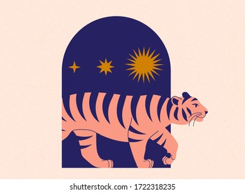 Cute tiger come out of arch. Sun and stars. Modern abstract art. Boho style. Mid Century print. Cosmic minimalistic scene. Protect wild animals poster. Magic concept. Vintage inspired art 