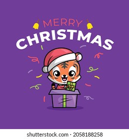 A CUTE TIGER IS COMING OUT FROM A GIFT BOX TO CELEBRATING CHRISTMAS EVE.