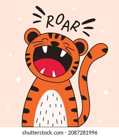 Cute tiger concept. Poster of wild animal with open mouth making loud noises. Born to roar. Design element for postcards, covers and prints on children clothing. Cartoon flat vector illustration