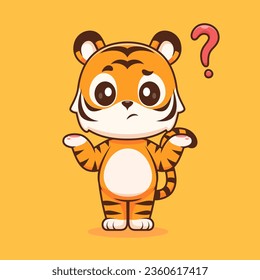 Cute Tiger Confused Thinking Cartoon Vector Icon Illustration. Animal Nature Icon Concept Isolated Premium Vector. Flat Cartoon Style