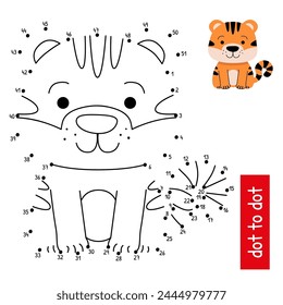 Cute tiger. Connect the dots in order. Educational educational vector illustration of the numbers game. The page of the coloring book with color sample.