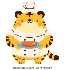 Cute tiger cook on white background. Flat vector illustration in a simple child style chef