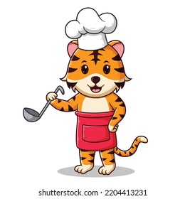 Cute Tiger Cooking Cartoon. Animal Icon Concept. Flat Cartoon Style. Suitable for Web Landing Page, Banner, Flyer, Sticker, Card