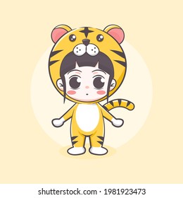 Cute Tiger Costume Girl Cartoon Illustration