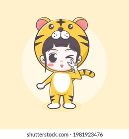 Cute tiger costume girl cartoon illustration