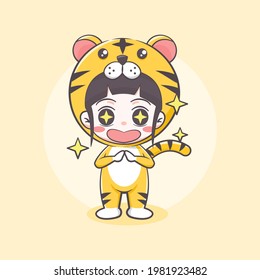 Cute tiger costume girl cartoon illustration